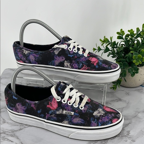 Van's Authentic Warped Floral Black Pink Low Top Sneakers Lace Up Skate Casual - Picture 1 of 9